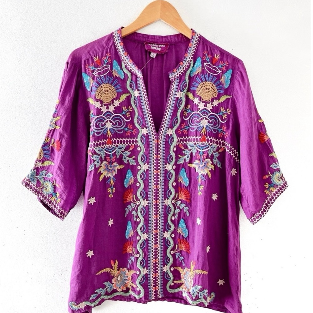 NWT Johnny Was Arzella Blouse Purple Magenta Embroidered Pullover Top Size Large - Picture 4 of 13